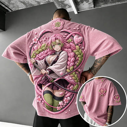 Unisex Anime-Style Retro Corduroy Oversized T-Shirt