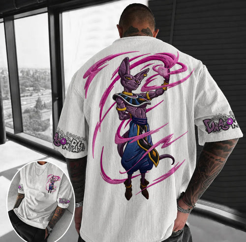 Dragon Ball Z Beerus Graphic Print Short Sleeve T-Shirt – Premium Cotton Blend, Oversized Fit, Vibrant Back Print & Sleeve Logo Design