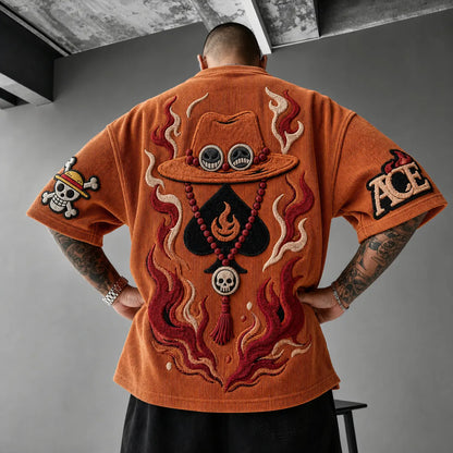 Unisex Anime-Style Retro Corduroy Oversized T-Shirt