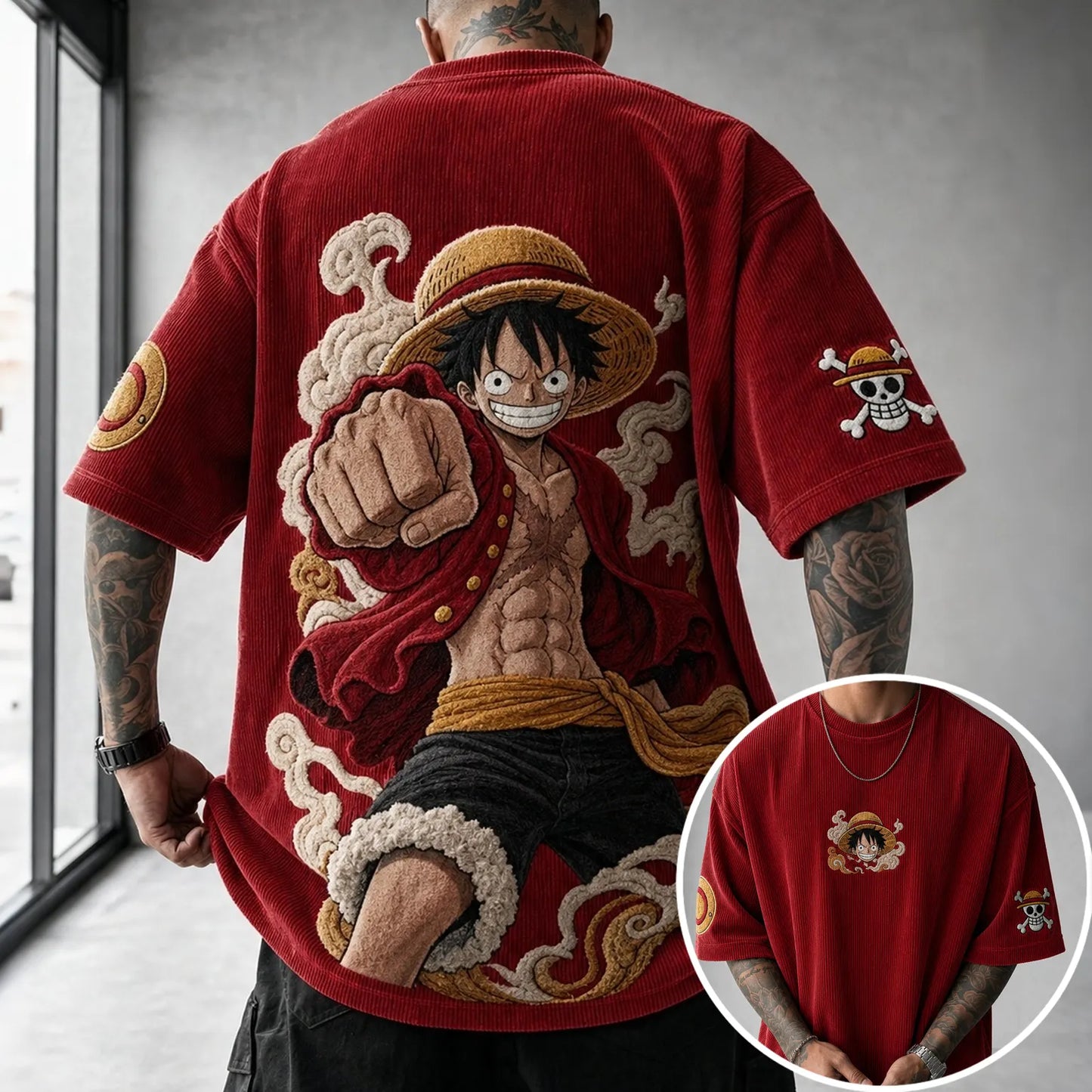 Unisex Anime-Style Retro Corduroy Oversized T-Shirt