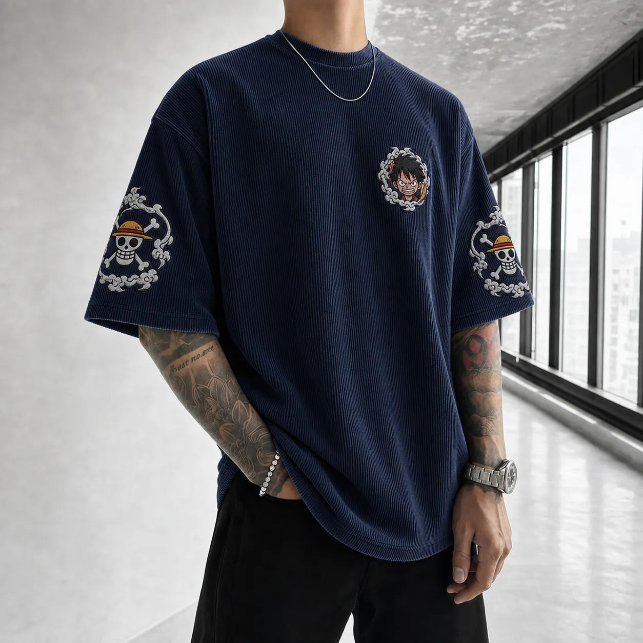 Premium Cotton-Blend Corduroy T-Shirt with Embroidered Patch – Oversized Graphic Tee for Casual Streetwear