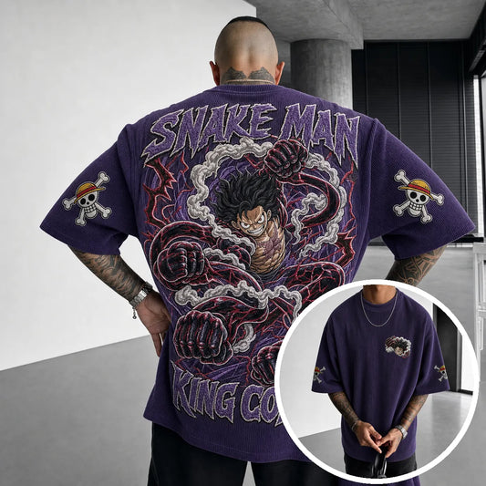 Premium Cotton-Blend Corduroy T-Shirt with Embroidered Patch – Oversized Graphic Tee for Casual Streetwear