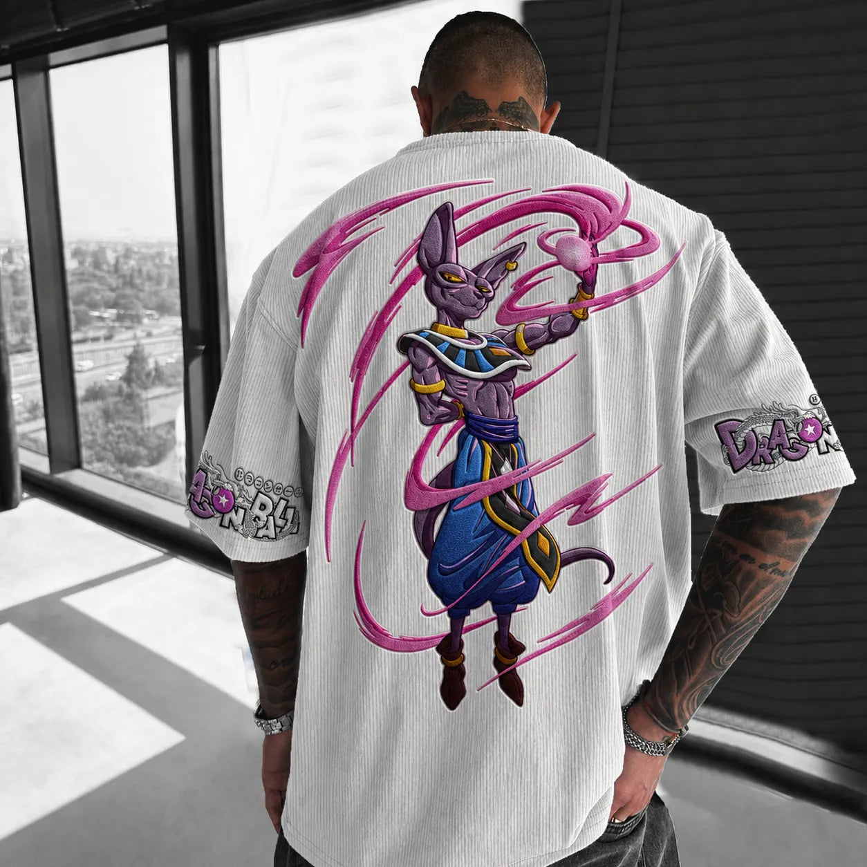 Dragon Ball Z Beerus Graphic Print Short Sleeve T-Shirt – Premium Cotton Blend, Oversized Fit, Vibrant Back Print & Sleeve Logo Design