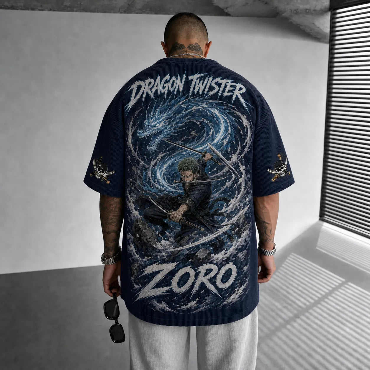 Unisex Oversized Anime-Print Vertical-Stripe Short-Sleeve T-Shirt