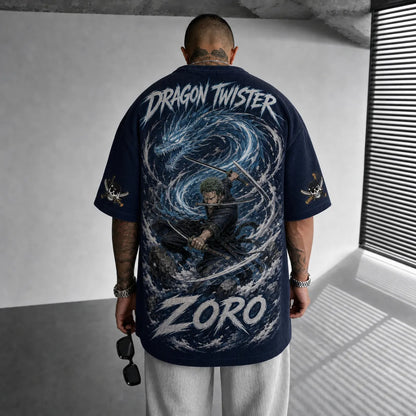 Unisex Oversized Anime-Print Vertical-Stripe Short-Sleeve T-Shirt