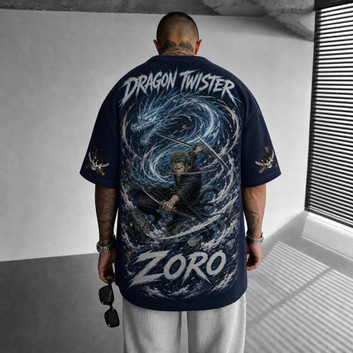 Unisex Oversized Anime-Print Vertical-Stripe Short-Sleeve T-Shirt