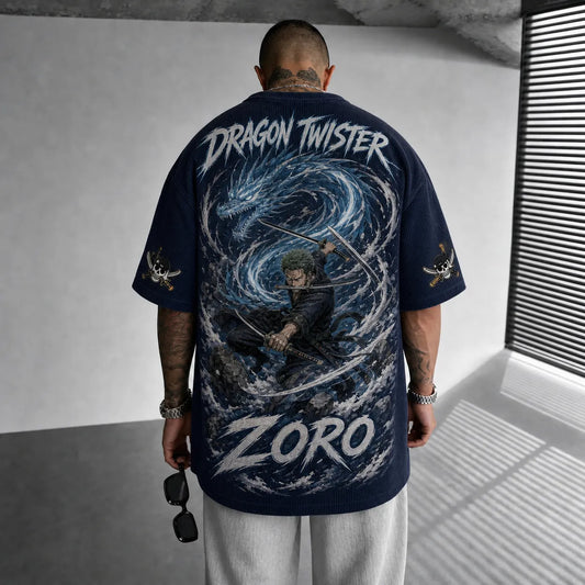 Unisex Oversized Anime-Print Vertical-Stripe Short-Sleeve T-Shirt