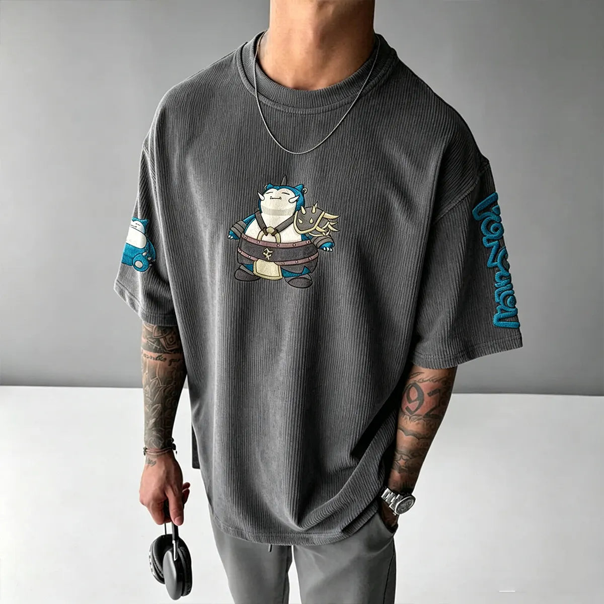 Anime-Inspired Vintage Waffle Knit T-Shirt