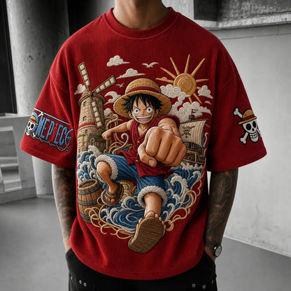 Unisex Short-Sleeve Corduroy T-Shirt With Anime Print