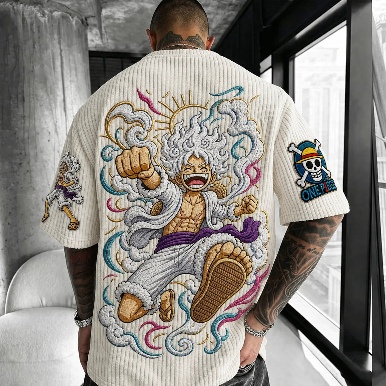 Premium Cotton-Blend Ribbed Knit T-Shirt with Anime Character Embroidery – Oversized Crewneck Streetwear Top