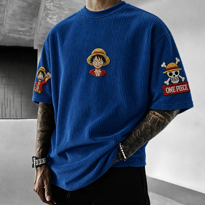 Unisex Anime-Style Retro Corduroy Oversized T-Shirt