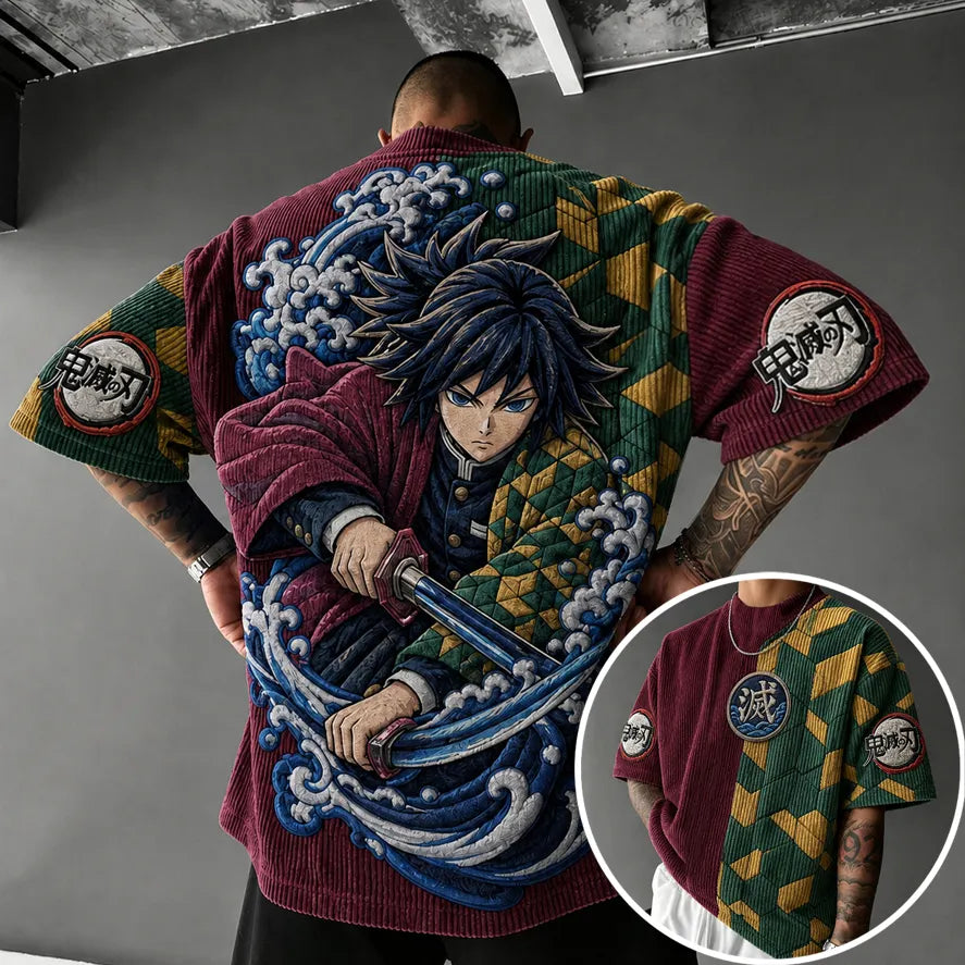 Unisex Oversized Anime-Print Vertical-Stripe Short-Sleeve T-Shirt