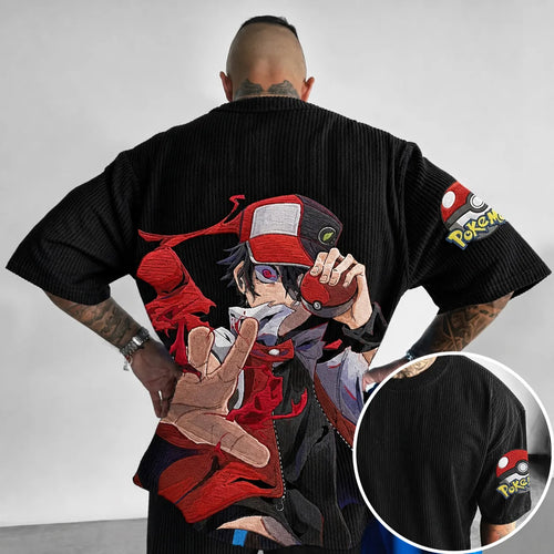 Unisex Anime-Style Retro Corduroy Oversized T-Shirt