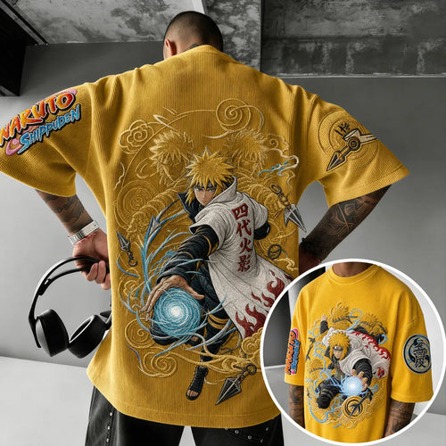 Unisex Oversized Anime-Print Vertical-Stripe Short-Sleeve T-Shirt