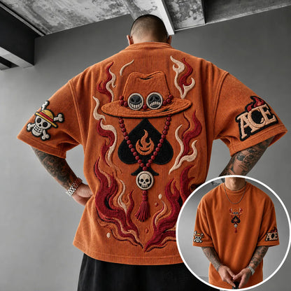 Unisex Anime-Style Retro Corduroy Oversized T-Shirt