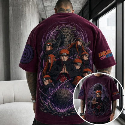 Unisex Oversized Anime-Print Vertical-Stripe Short-Sleeve T-Shirt