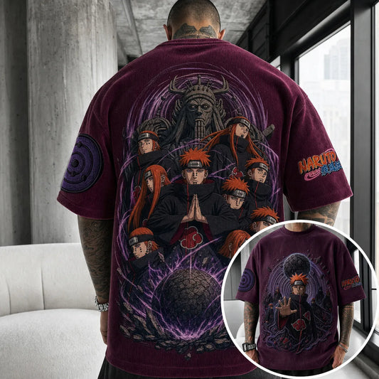 Unisex Oversized Anime-Print Kurzarm-T-Shirt mit vertikalen Streifen