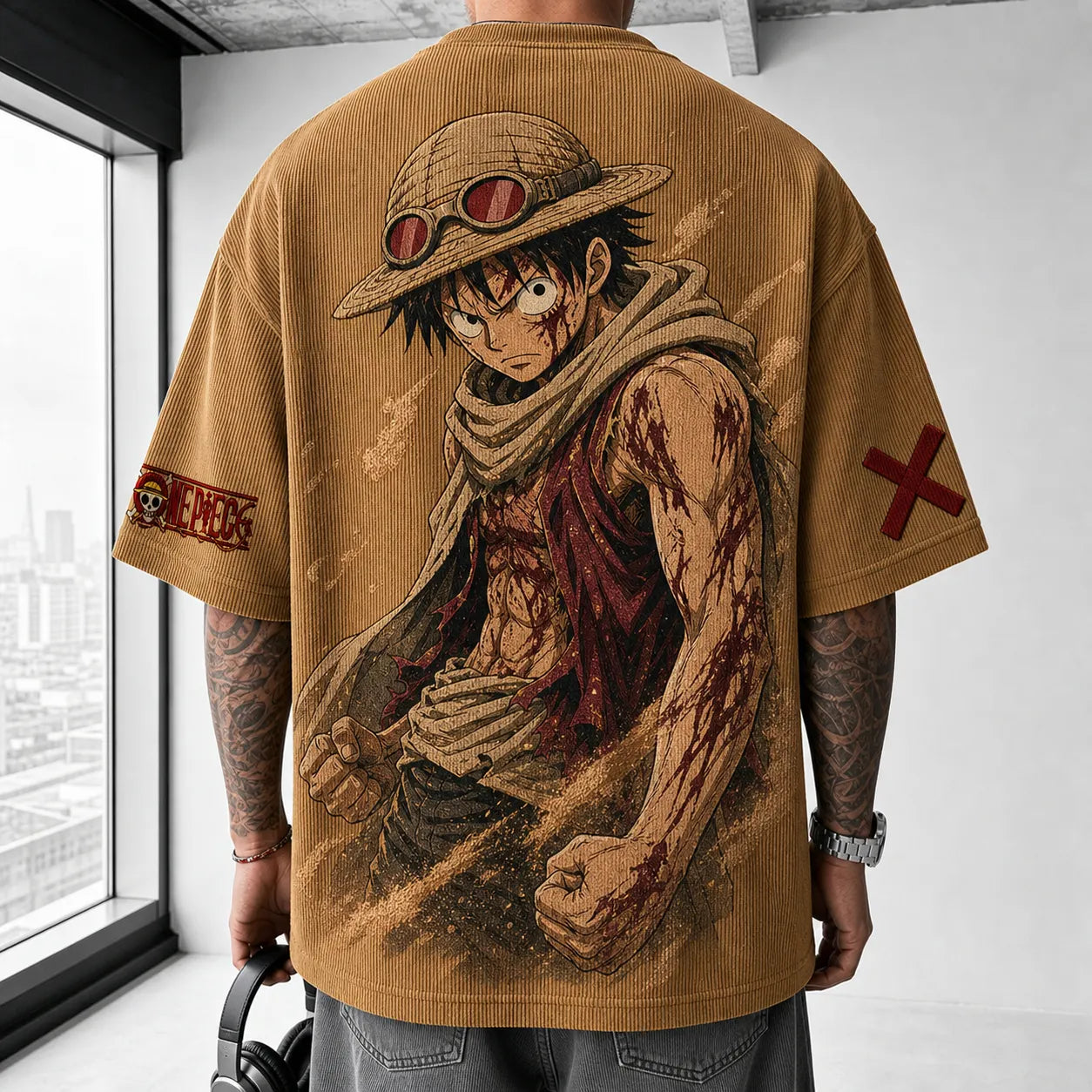 Unisex Short-Sleeve Corduroy T-Shirt With Anime Print