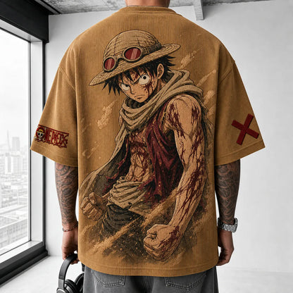 Unisex Short-Sleeve Corduroy T-Shirt With Anime Print