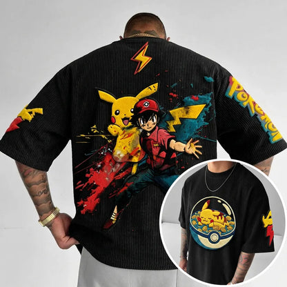 Unisex Anime-Style Retro Corduroy Oversized T-Shirt