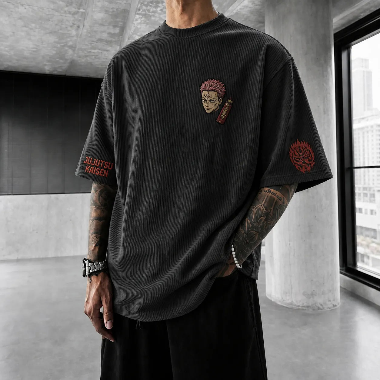 Unisex Anime Print Short-Sleeve Corduroy T-Shirt