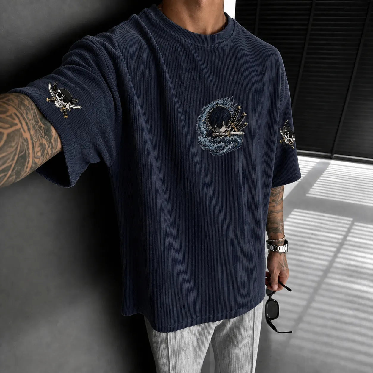 Unisex Oversized Anime-Print Vertical-Stripe Short-Sleeve T-Shirt