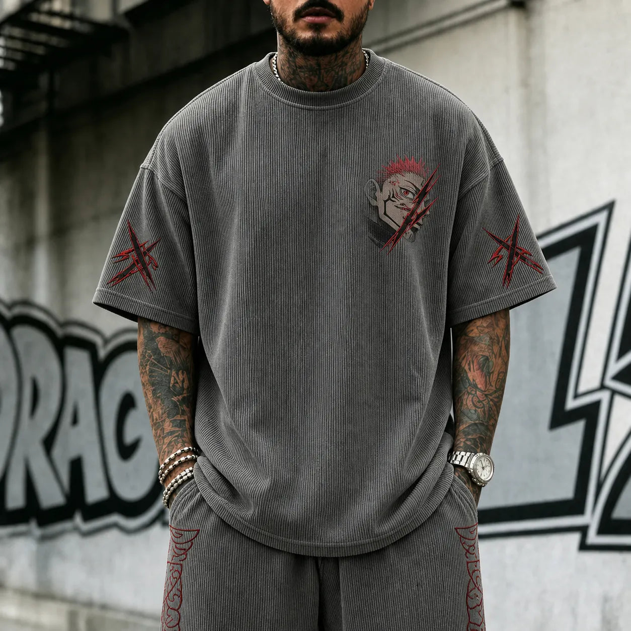 Unisex Anime Print Short-Sleeve Corduroy T-Shirt