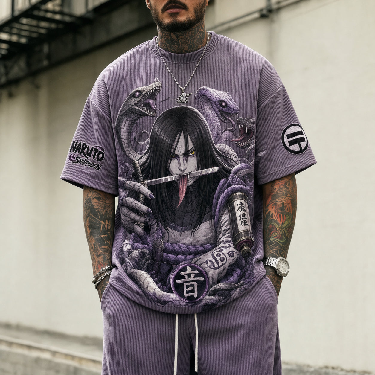 Unisex Oversized Anime-Print Vertical-Stripe Short-Sleeve T-Shirt