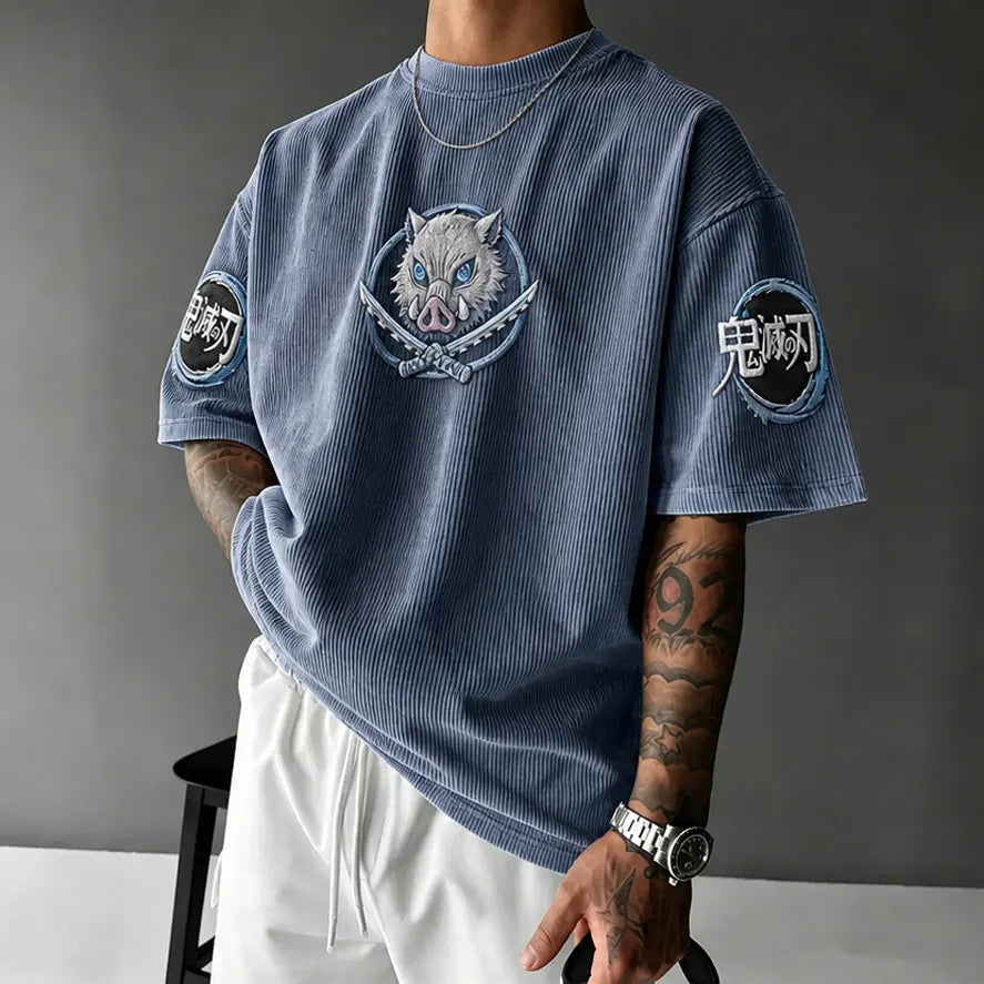 Unisex Oversized Anime-Print Vertical-Stripe Short-Sleeve T-Shirt