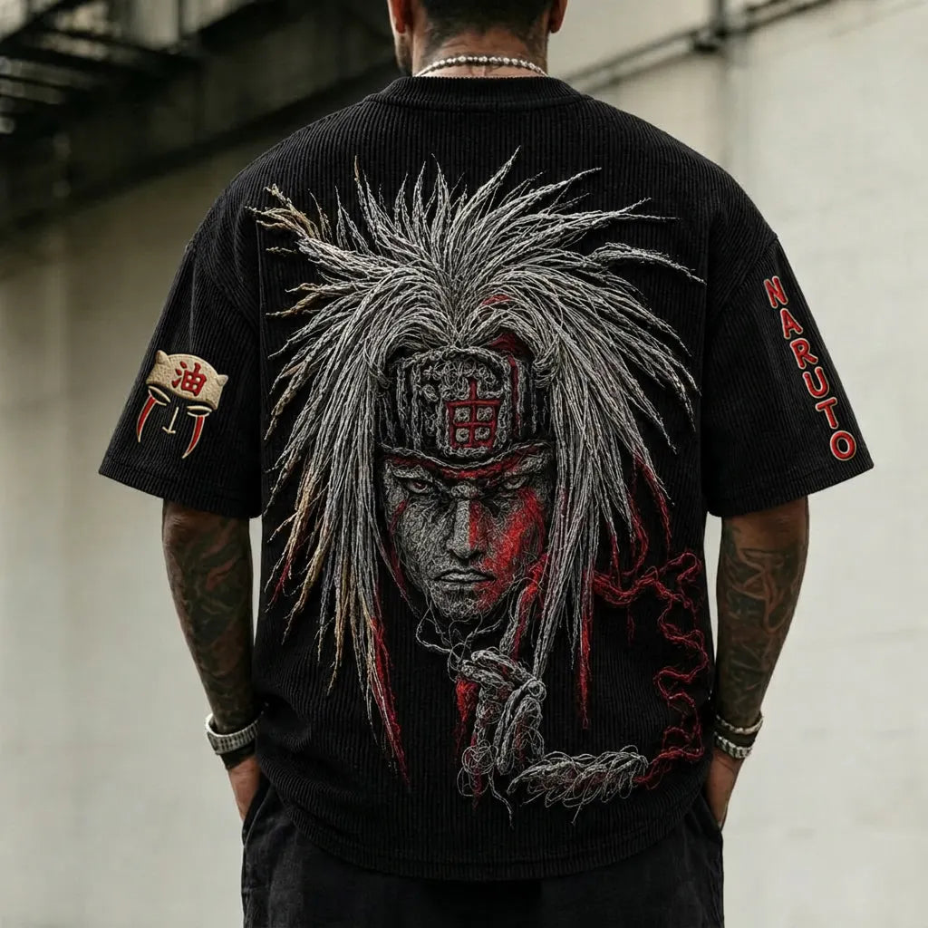 Unisex Anime-Style Retro Corduroy Oversized T-Shirt