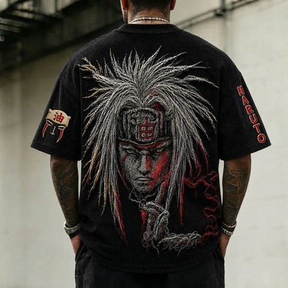Unisex Anime-Style Retro Corduroy Oversized T-Shirt