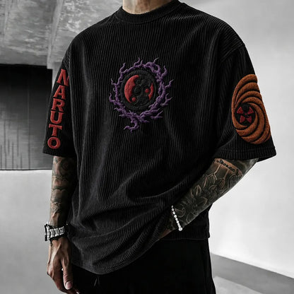 Unisex Oversized Anime-Print Vertical-Stripe Short-Sleeve T-Shirt