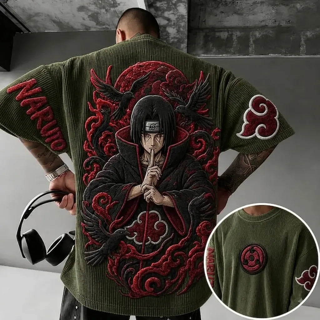 Unisex Anime-Style Retro Corduroy Oversized T-Shirt