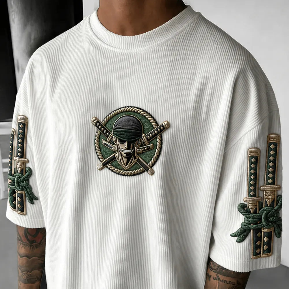 Unisex Anime-Style Retro Corduroy Oversized T-Shirt