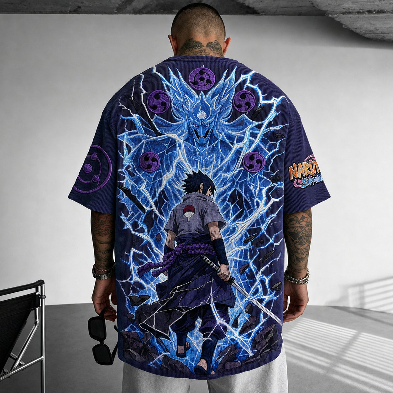 Unisex Oversized Anime-Print Vertical-Stripe Short-Sleeve T-Shirt