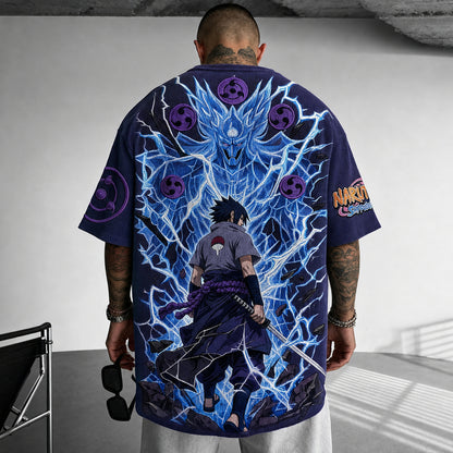 Unisex Oversized Anime-Print Vertical-Stripe Short-Sleeve T-Shirt