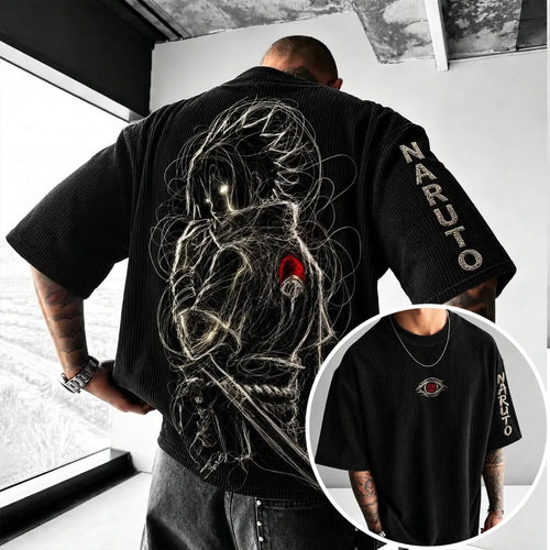 Unisex Anime-Style Retro Corduroy Oversized T-Shirt