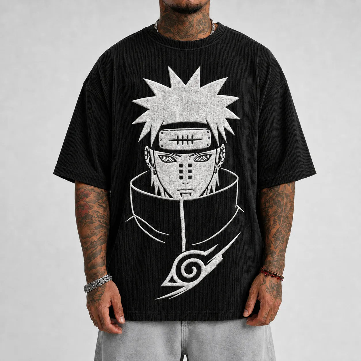 Unisex Anime-Style Retro Corduroy Oversized T-Shirt