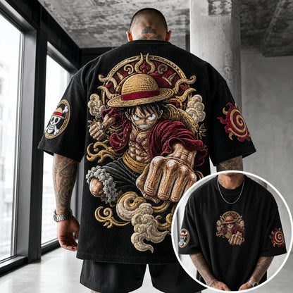 Unisex Anime-Style Retro Corduroy Oversized T-Shirt