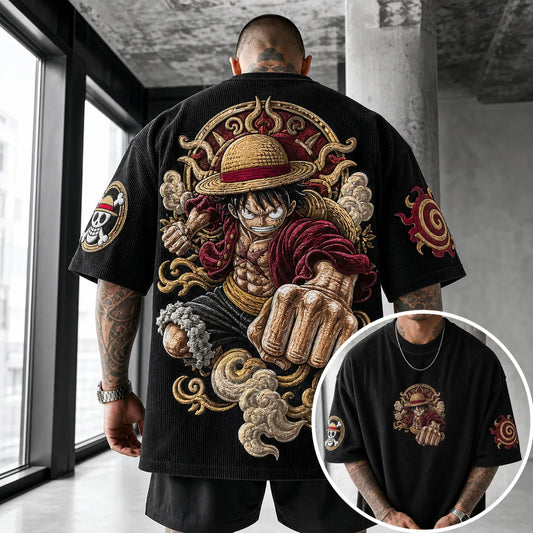 Unisex Anime-Style Retro Corduroy Oversized T-Shirt