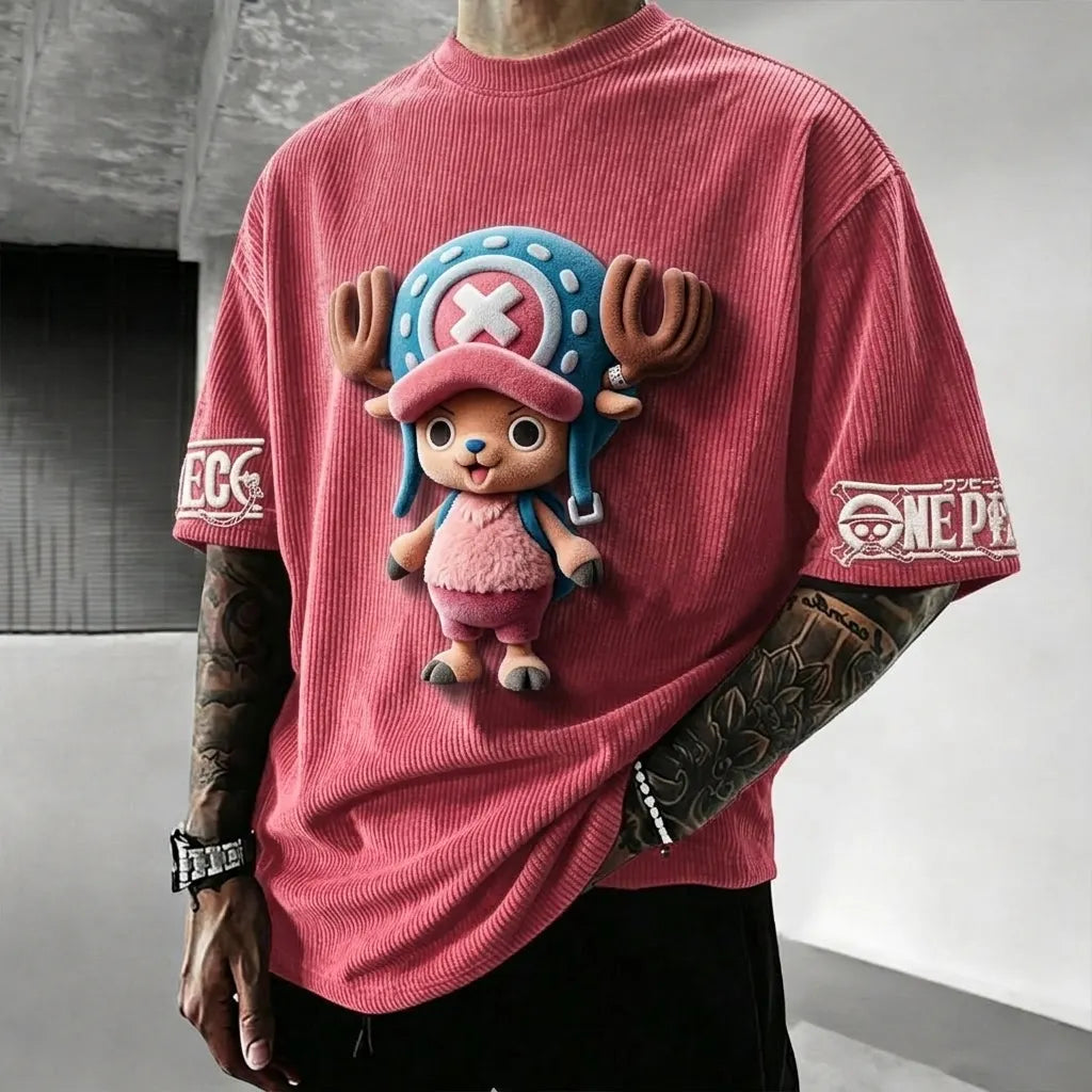 Unisex Anime-Style Retro Corduroy Oversized T-Shirt