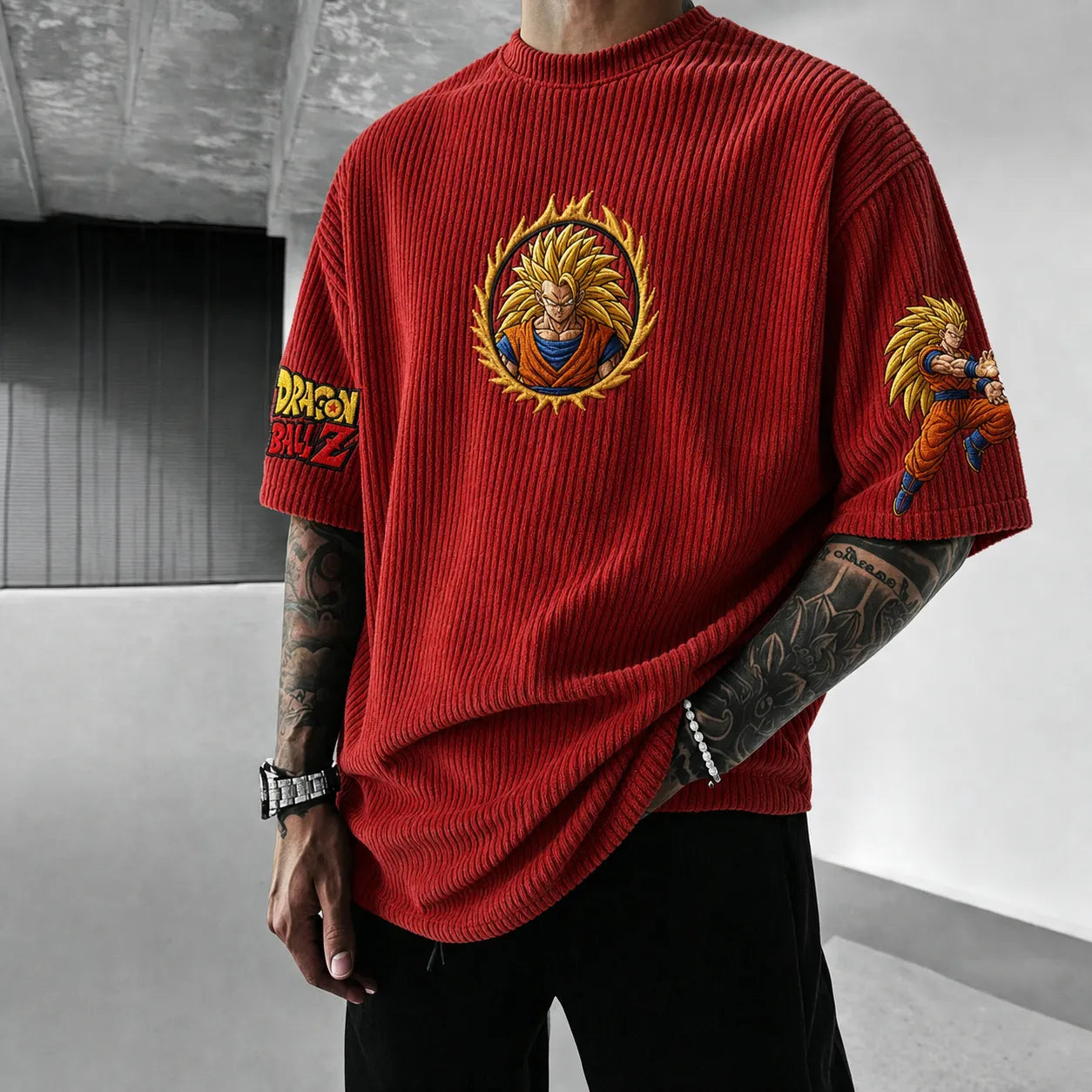 Unisex Anime-Style Retro Corduroy Oversized T-Shirt