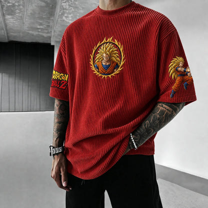 Unisex Anime-Style Retro Corduroy Oversized T-Shirt
