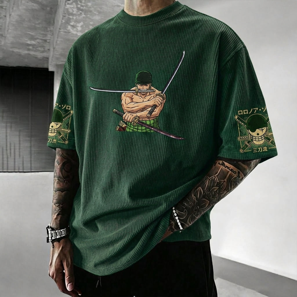 Unisex Anime-Style Retro Corduroy Oversized T-Shirt