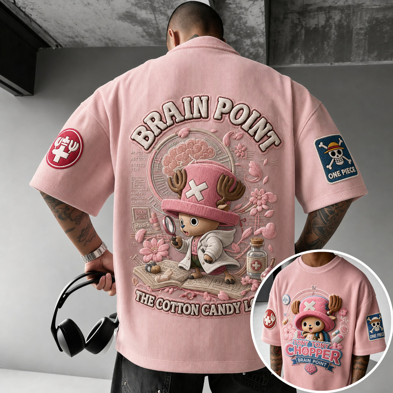 Unisex Short-Sleeve Corduroy T-Shirt With Anime Print