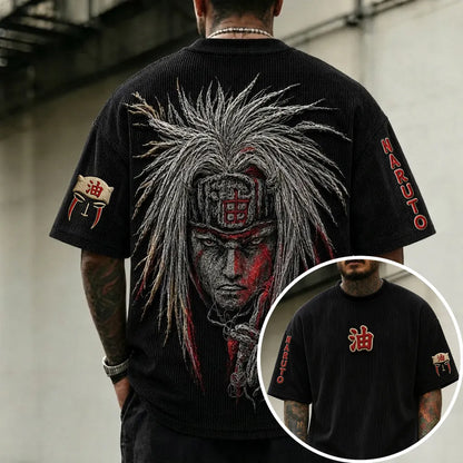 Unisex Anime-Style Retro Corduroy Oversized T-Shirt