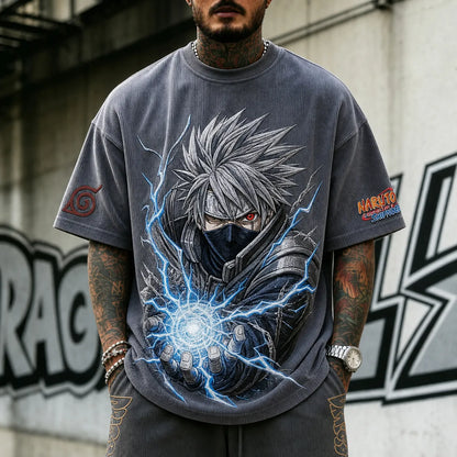 Unisex Oversized Anime-Print Vertical-Stripe Short-Sleeve T-Shirt