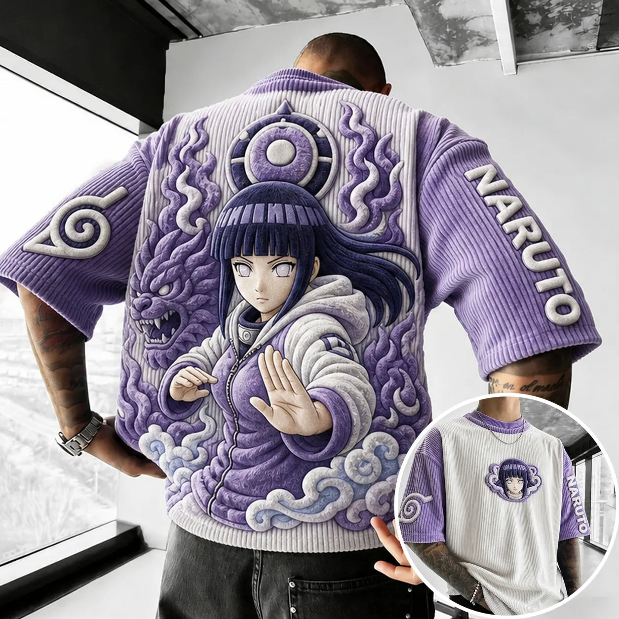 Hinata Hyuga Anime Graphic T-Shirt – Premium Cotton-Blend Ribbed Tee with Embroidered Sleeve Logo and Character Patch