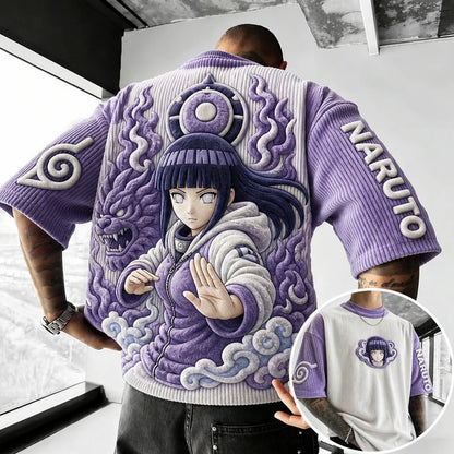 Hinata Hyuga Anime Graphic T-Shirt – Premium Cotton-Blend Ribbed Tee with Embroidered Sleeve Logo and Character Patch