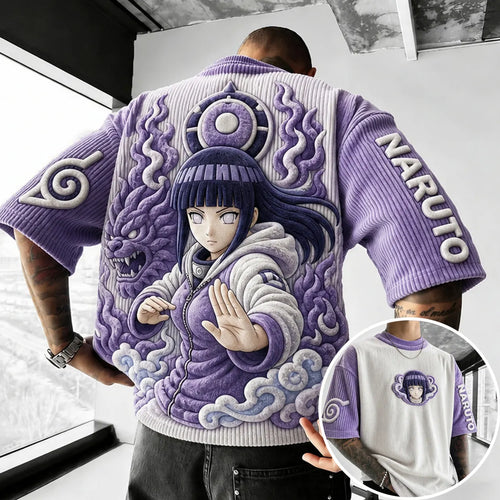 Hinata Hyuga Anime Graphic T-Shirt – Premium Cotton-Blend Ribbed Tee with Embroidered Sleeve Logo and Character Patch